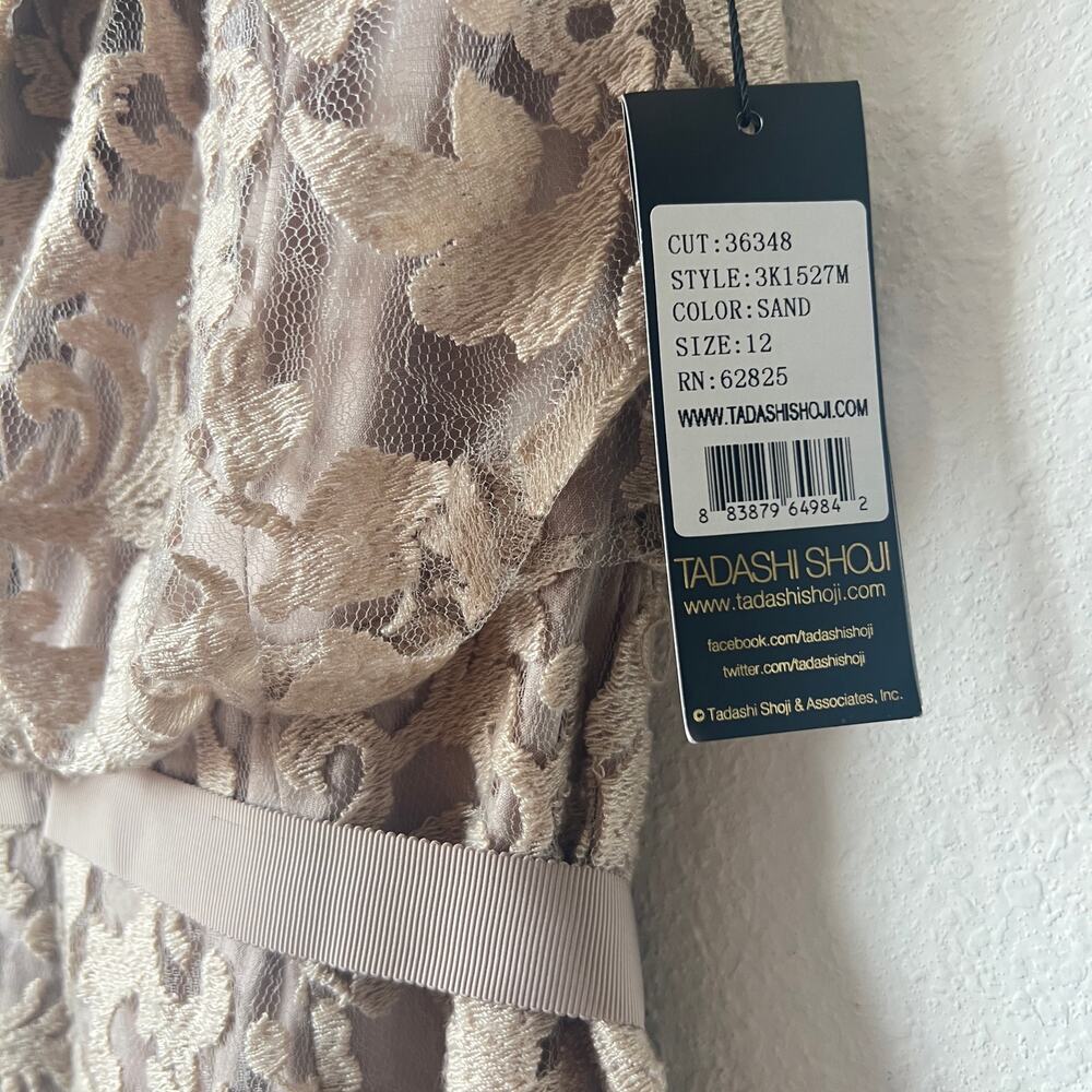 TADASHI SHOJI Greta Sand Lace Tie Waist Dress Size 12 - Picture 10 of 16